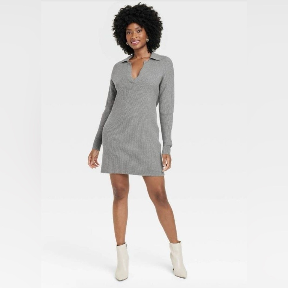 🦋 A New Day Grey Ribbed Polo Collared Mini Dress Casual Neutral Basic Large
